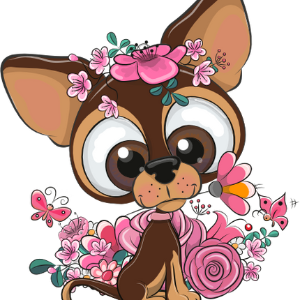 (s133-27-1V) Cute Cartoon Chihuahua Flowers