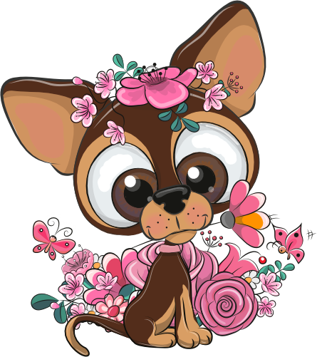 (s133-27-1V) Cute Cartoon Chihuahua Flowers