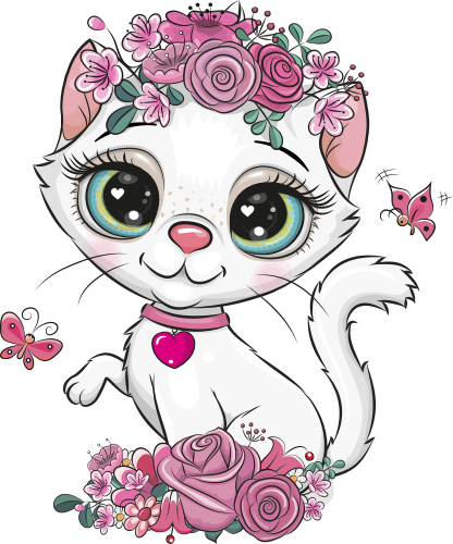 (s133-28-L) Cute Cartoon Cat Kitten Flowers