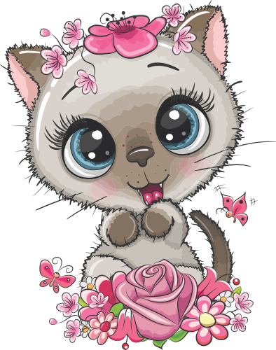 (s133-28-Q) Cute Cartoon Cat Kitten Flowers