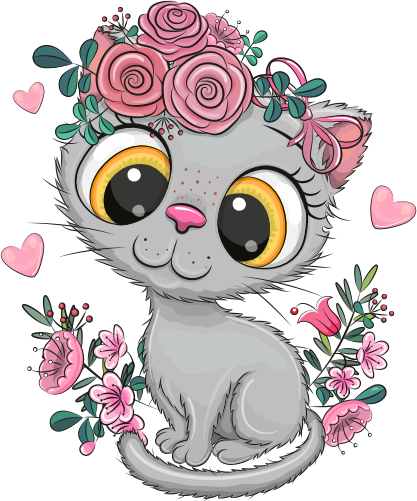 (s133-28-R) Cute Cartoon Cat Kitten Flowers