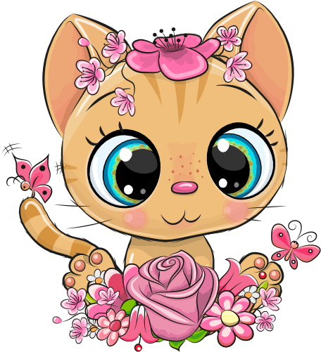 (s133-28-S) Cute Cartoon Cat Kitten Flowers