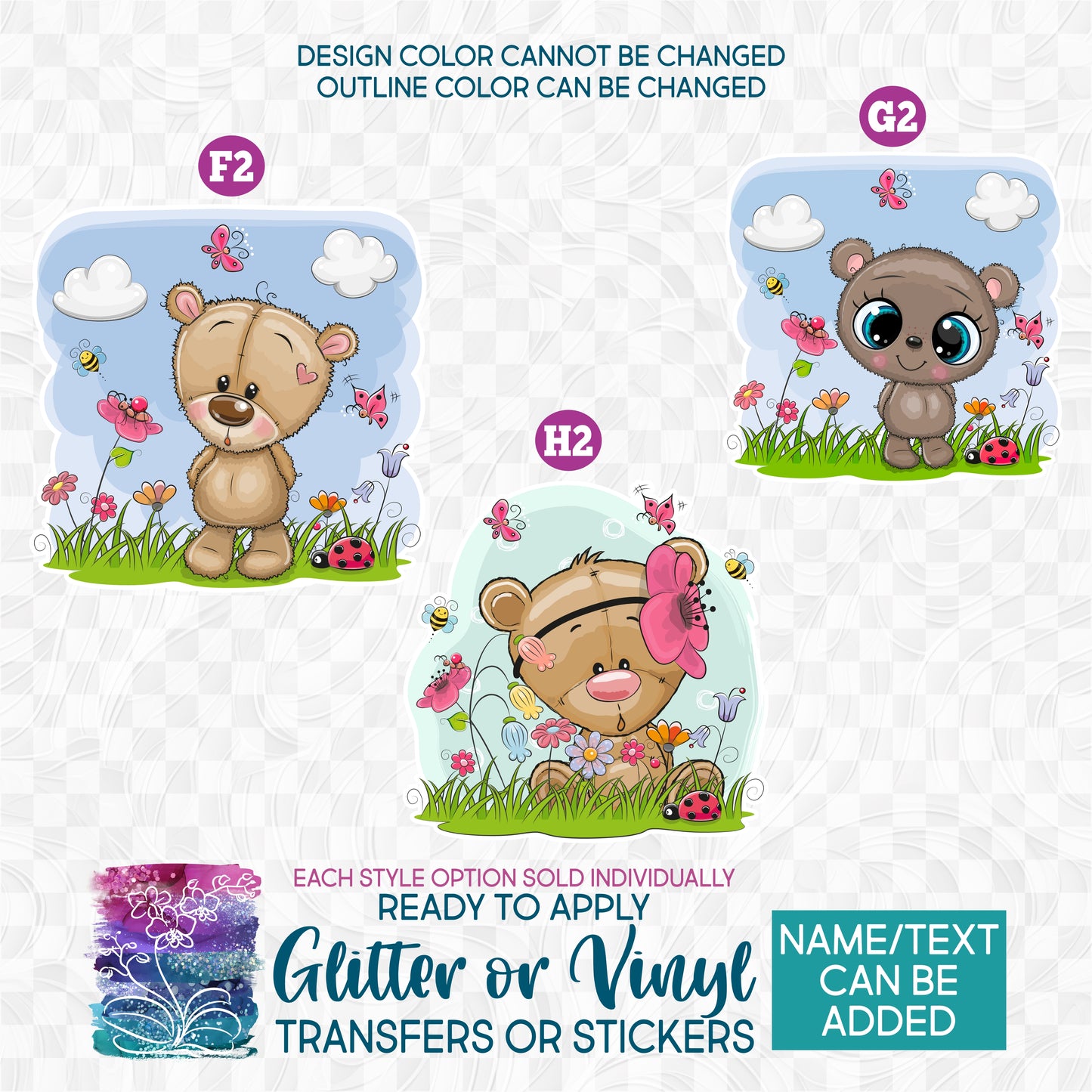 (s133-C) Cute Teddy Bear Summer Spring Meadow Glitter or Vinyl Iron-On Transfer or Sticker