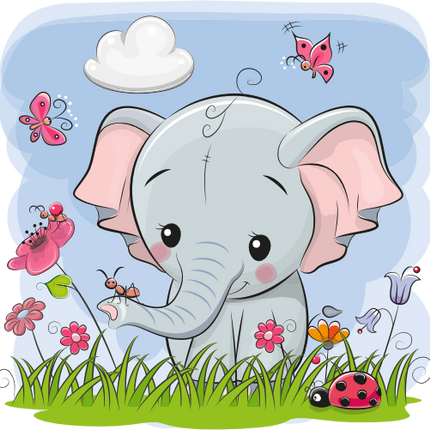 (s133-04-J) Cute Cartoon Elephant Flower Meadow