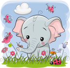 (s133-04-J) Cute Cartoon Elephant Flower Meadow