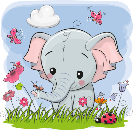 (s133-04-J) Cute Cartoon Elephant Flower Meadow