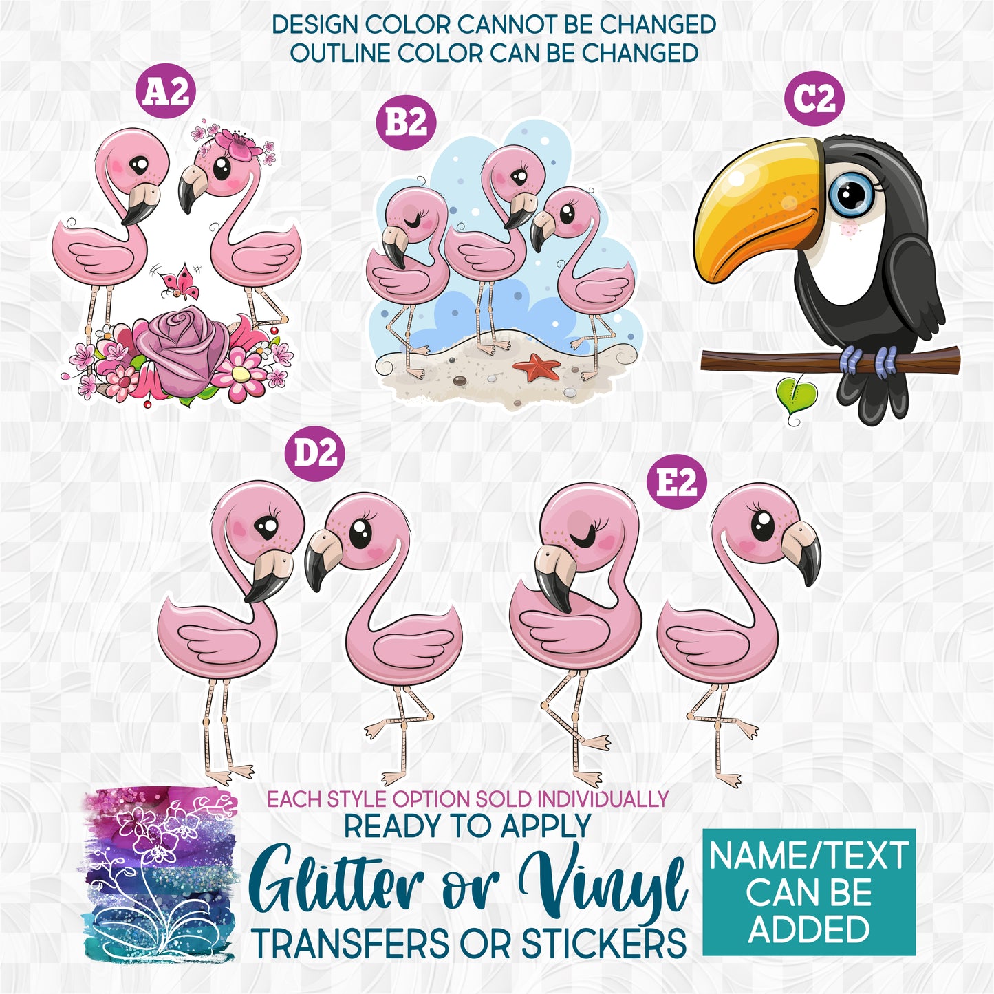 (s133-F) Cute Flamingo Toucan Bird Glitter or Vinyl Iron-On Transfer or Sticker