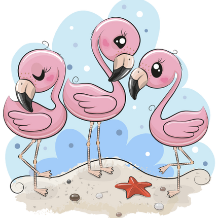(s133-08-E) Cute Cartoon Flamingo Trio Beach
