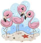 (s133-08-E) Cute Cartoon Flamingo Trio Beach