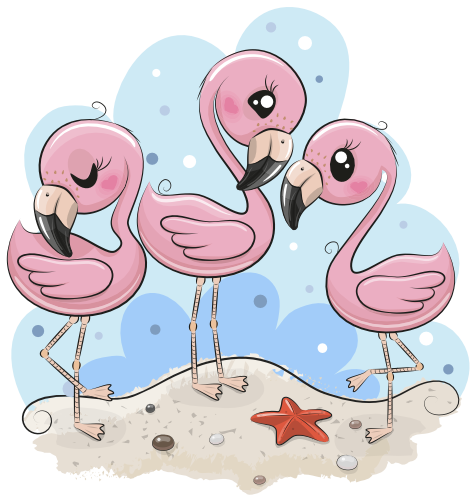 (s133-08-E) Cute Cartoon Flamingo Trio Beach