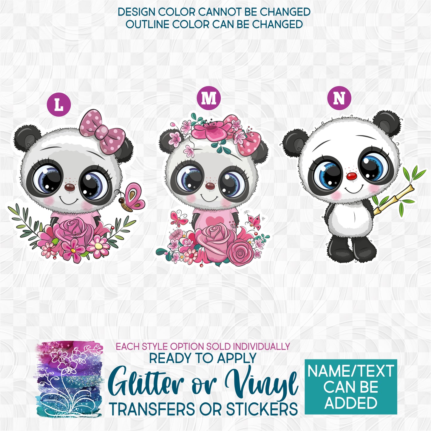 (s133-H) Cute Panda Bear Flowers Bamboo Glitter or Vinyl Iron-On Transfer or Sticker