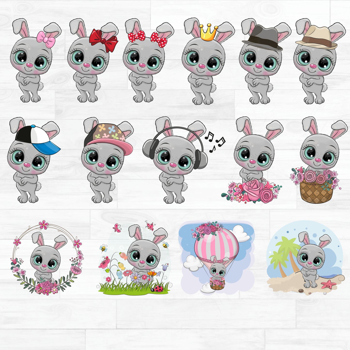 (s133-02) Illustrated Cartoon Bunny Rabbit Collection 54 Mix-n-Match Accessories