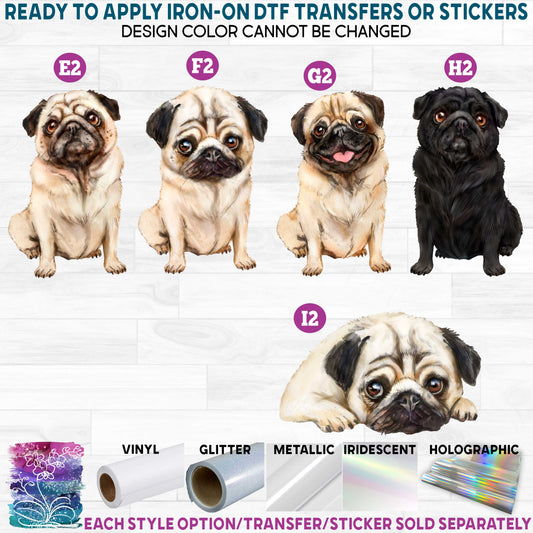 (s136) Watercolor Pug Dog Printed Heat Transfer or Sticker