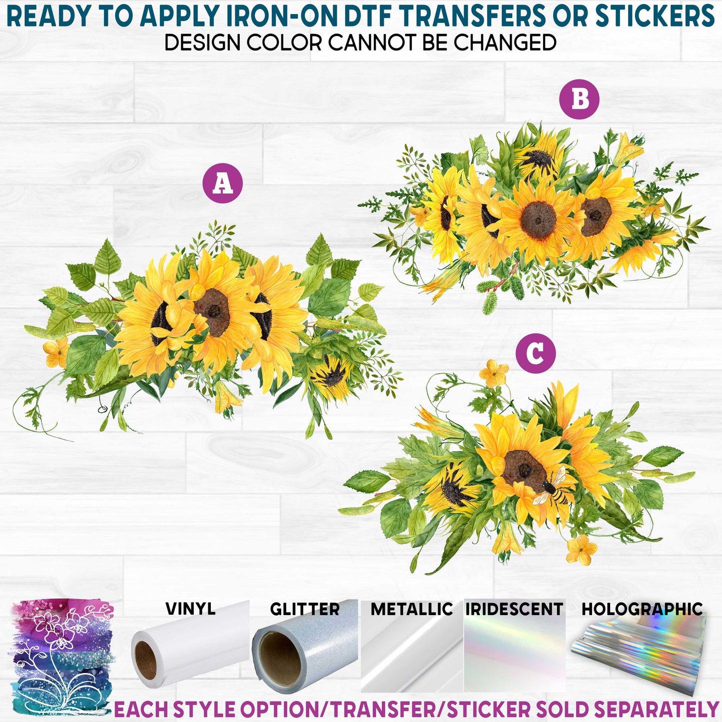 (s137) Watercolor Rustic Sunflower Sunflowers Bee Flowers c Printed Heat Transfer or Sticker