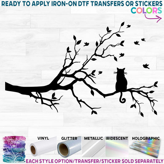 (s139-H) Tree Branch Silhouette Cat Printed Heat Transfer or Sticker