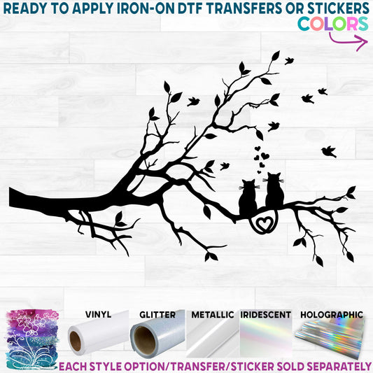 (s139-I) Tree Branch Silhouette Two Cat Love Printed Heat Transfer or Sticker