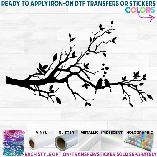 (s139-J) Tree Branch Silhouette Two Birds Love Printed Heat Transfer or Sticker