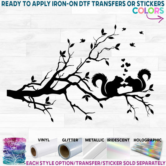 (s139-K) Tree Branch Silhouette Two Squirrels Love Printed Heat Transfer or Sticker