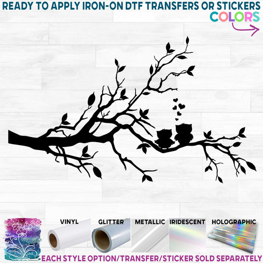 (s139-L) Tree Branch Silhouette Two Owls Love Printed Heat Transfer or Sticker