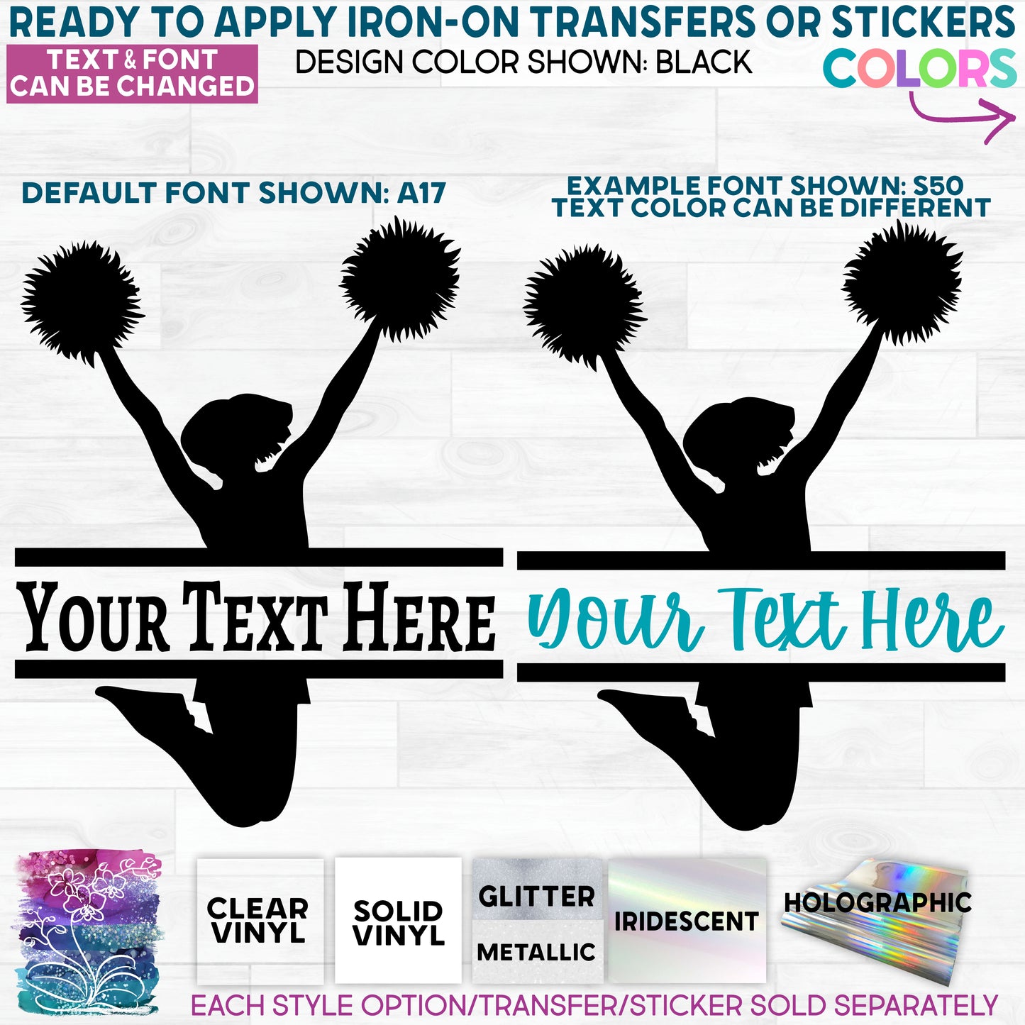 (s140-2P) Cheer Cheerleader Split Text Name Glitter or Vinyl Iron-On Transfer or Sticker