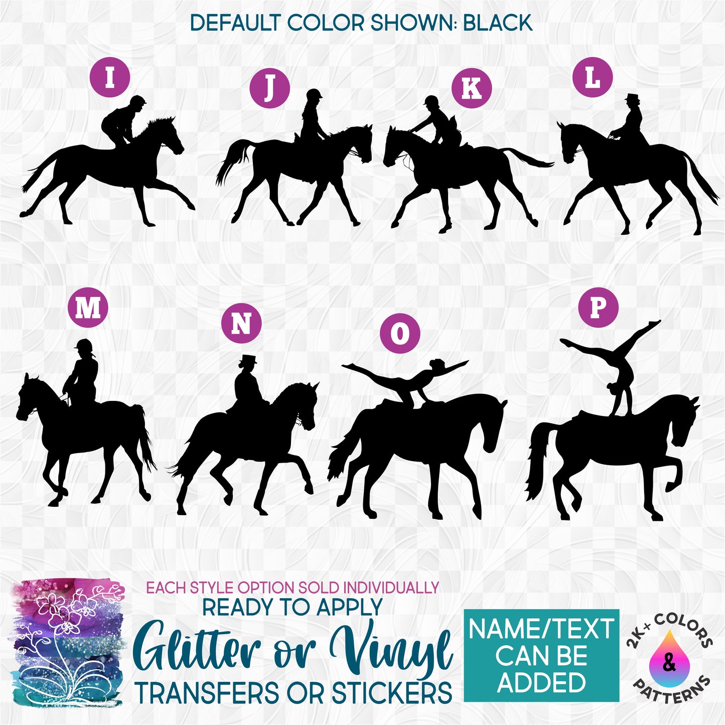 (s141) Equestrian Horses Horse Rider Racehorse Vaulting Glitter or Vinyl Iron-On Transfer or Sticker