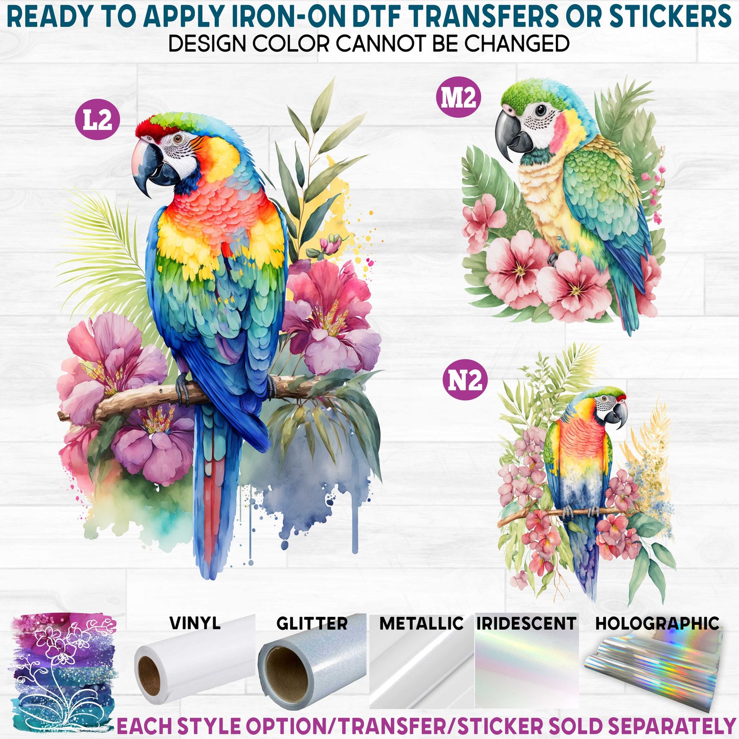 (s142) Watercolor Parrots Macaw Toucan Printed Heat Transfer or Sticker