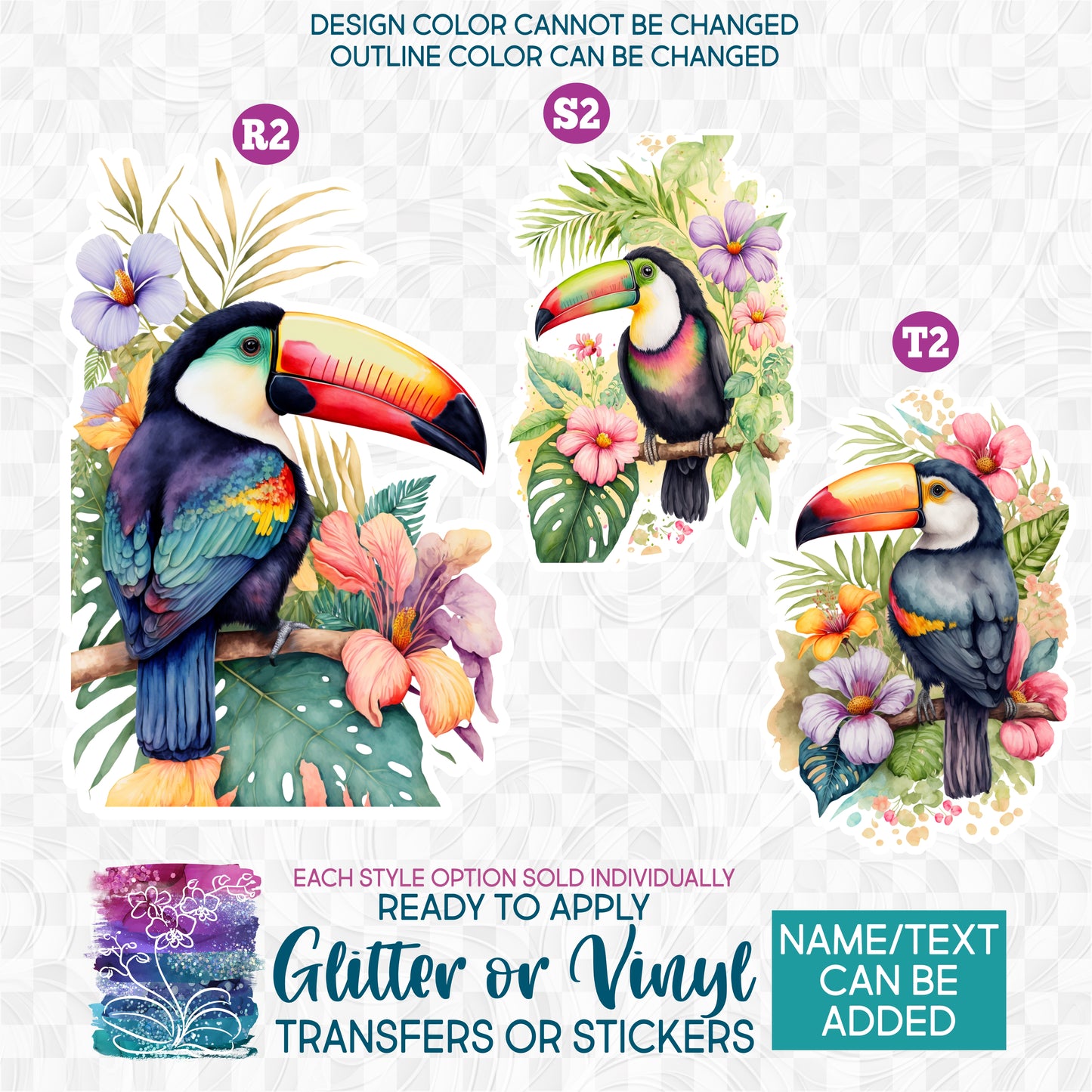 (s142) Watercolor Parrots Macaw Macaws Toucan Toucans Bird Birds Glitter or Vinyl Iron-On Transfer or Sticker