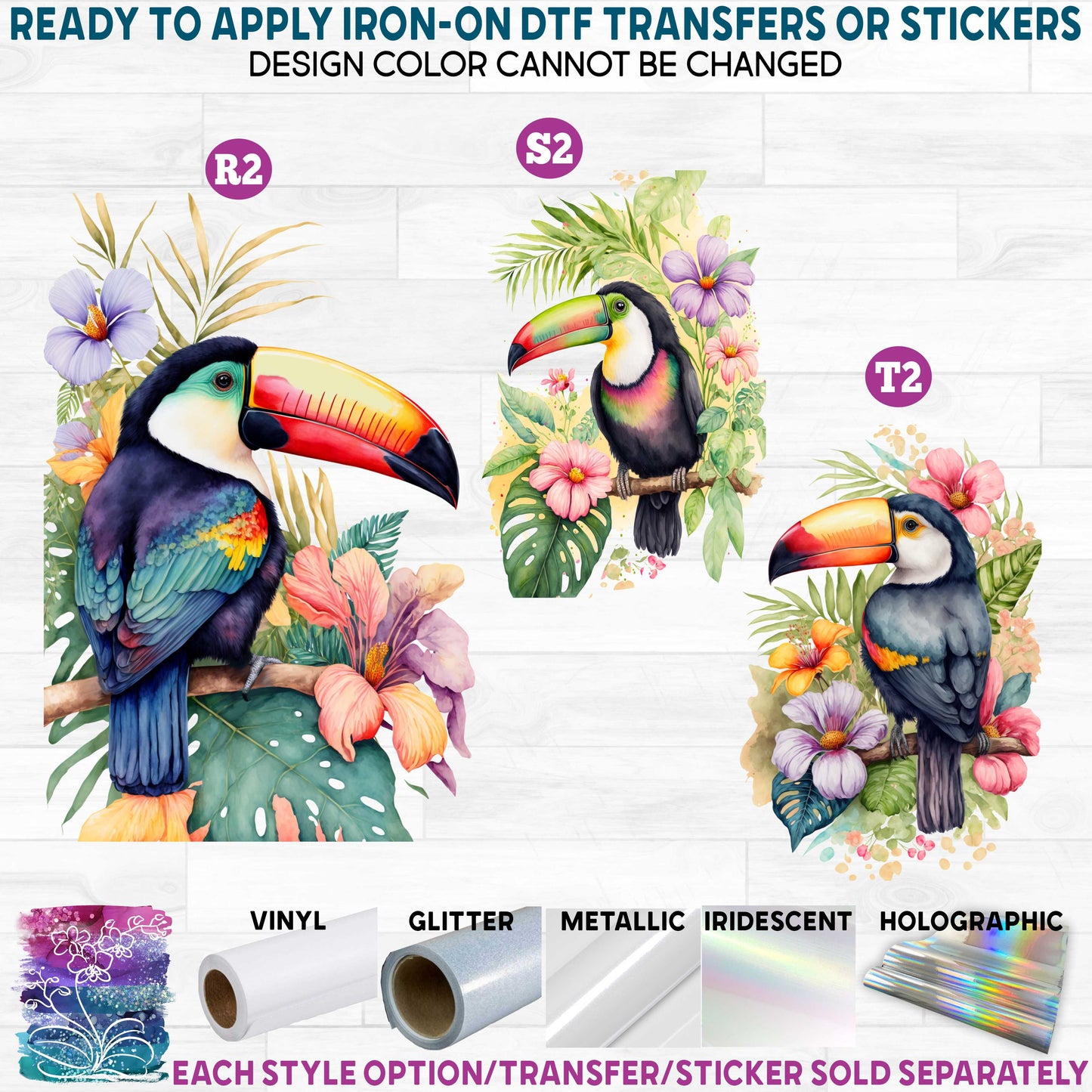 (s142) Watercolor Parrots Macaw Toucan Printed Heat Transfer or Sticker