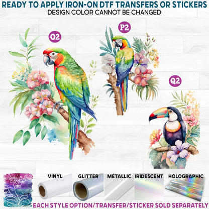 (s142) Watercolor Parrots Macaw Toucan Printed Heat Transfer or Sticker