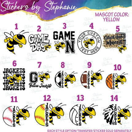 (s145-14-1) Yellow Jackets, Hornets, Bee Mascot Iron-On Transfer
