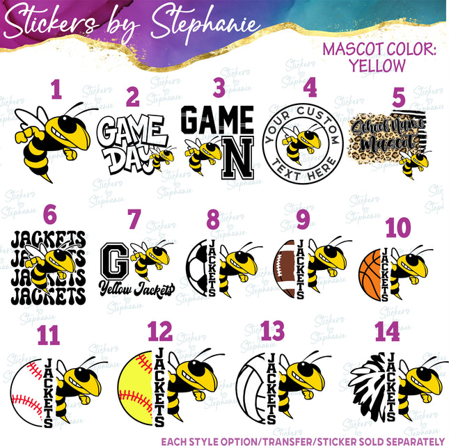 (s145-14-1) Yellow Jackets, Hornets, Bee Mascot Iron-On Transfer