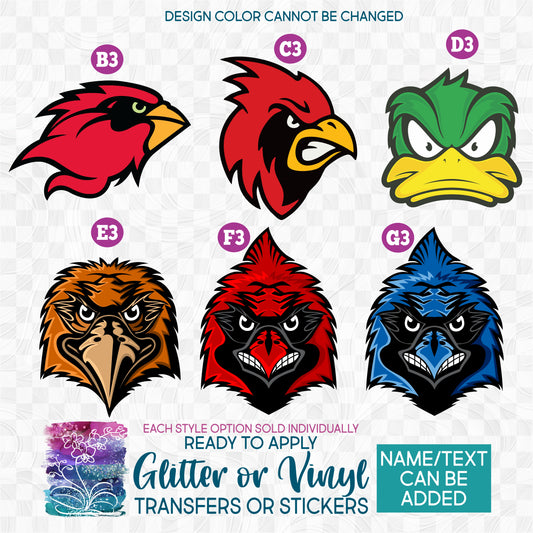 SBS-145 Team Mascots Eagle Owl Hawk Falcon Cardinal Bluejay Duck Custom Printed Iron On Transfer or Sticker