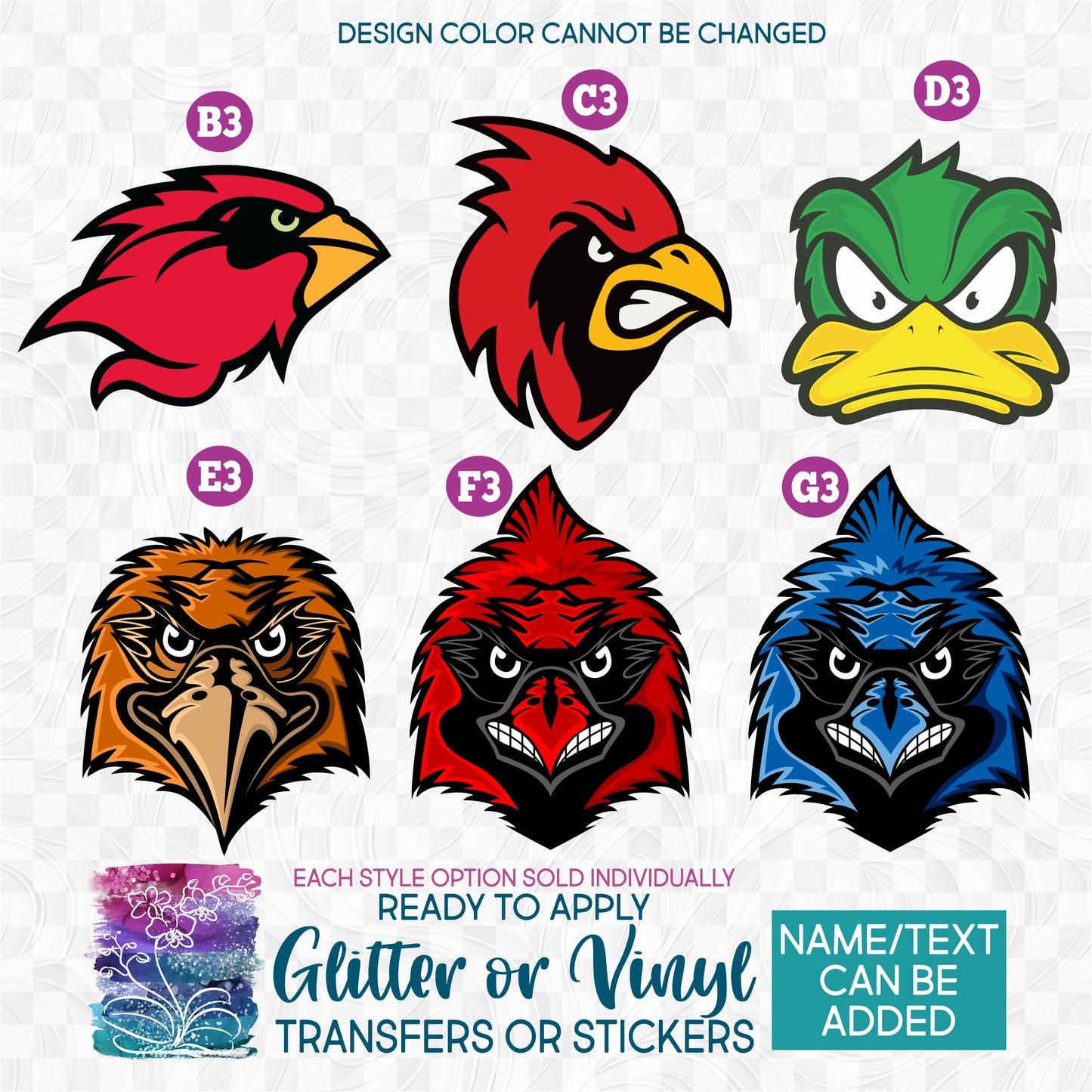 (s145) Team Mascots Eagle Owl Hawk Falcon Cardinal Bluejay Duck Glitter or Vinyl Iron-On Transfer or Sticker