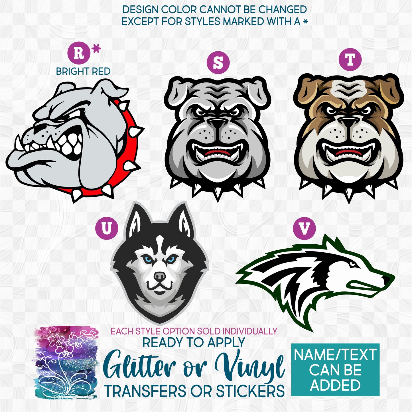 (s145) Team Mascots Bulldog Husky Dog Glitter or Vinyl Iron-On Transfer or Sticker