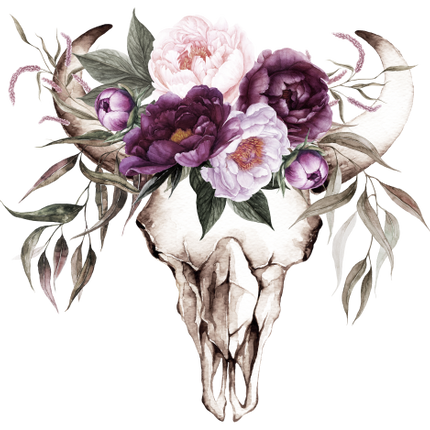 (s147-R) Cow Skull Purple Peonies