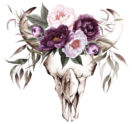 (s147-R) Cow Skull Purple Peonies