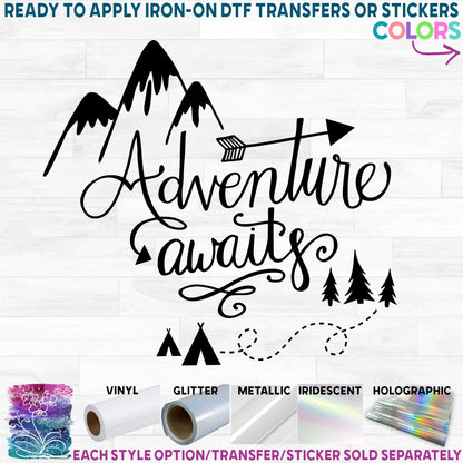 (s148-J) Adventure Awaits Mountains Arrow Printed Heat Transfer or Sticker