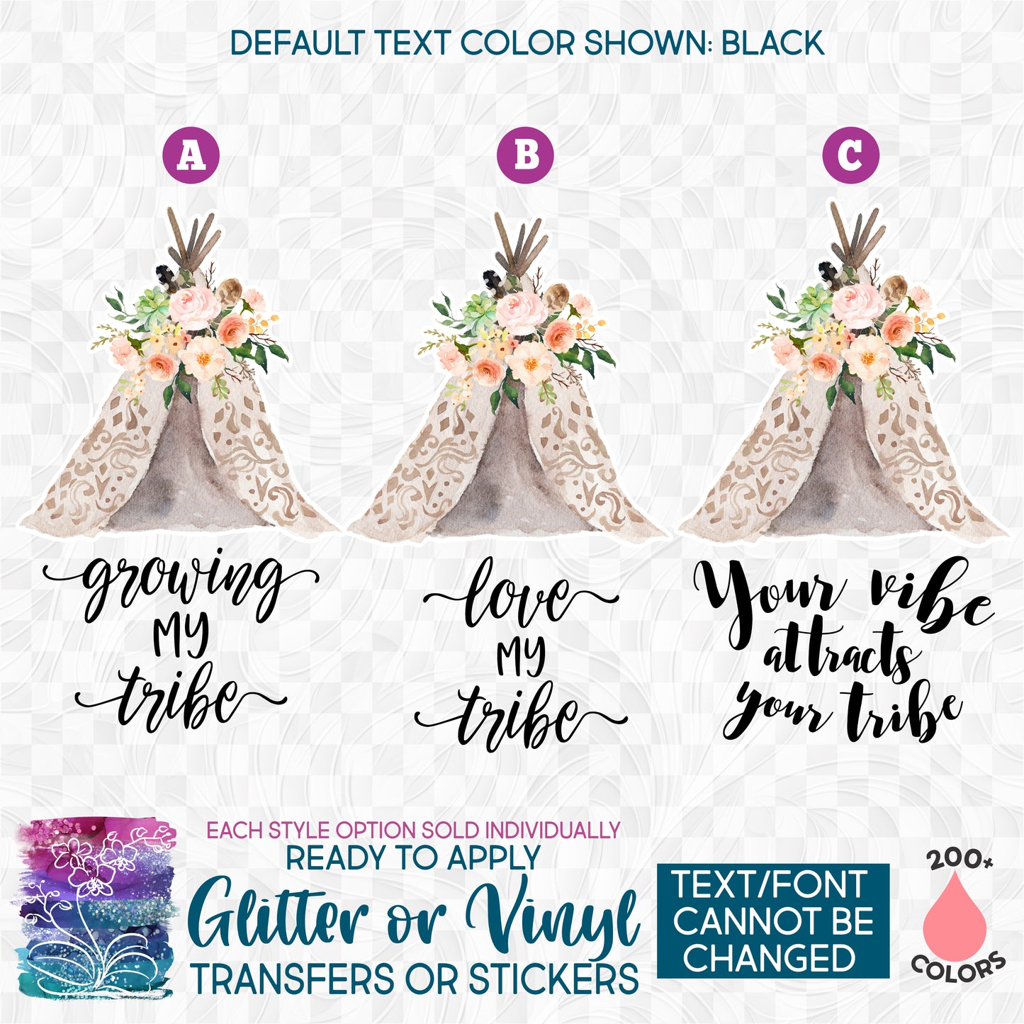 (s149-2) Boho Teepee Flowers Tribe Floral Glitter or Vinyl Iron-On Transfer or Sticker