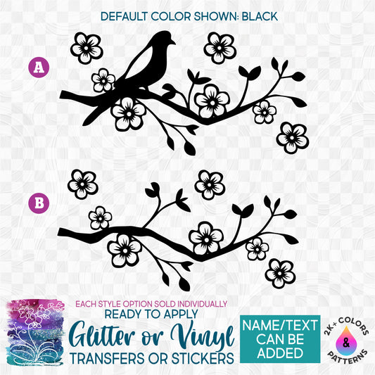 (s014) Cherry Blossom Tree Branch Bird Glitter or Vinyl Iron-On Transfer or Sticker