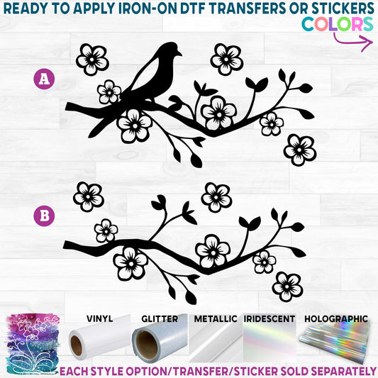 (s014) Cherry Blossom Tree Branch Bird Printed Heat Transfer or Sticker