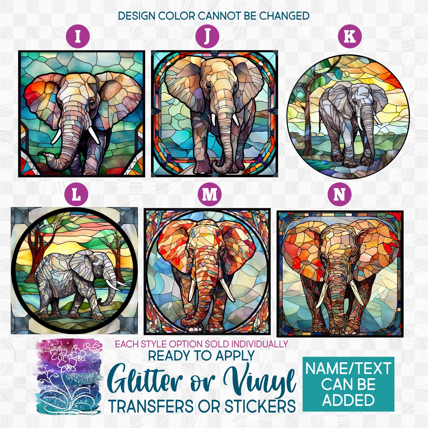 (s150-11) Stained-Glass Elephant a Glitter or Vinyl Iron-On Transfer or Sticker