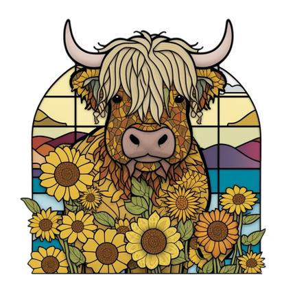 (s150-12-1A)  Stained Glass Highland Cow Sunflowers