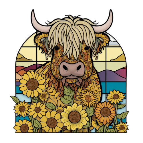 (s150-12-1A)  Stained Glass Highland Cow Sunflowers