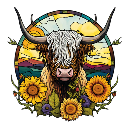 (s150-12-1B)  Stained Glass Highland Cow Sunflowers