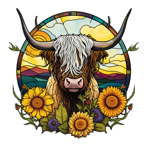 (s150-12-1B)  Stained Glass Highland Cow Sunflowers