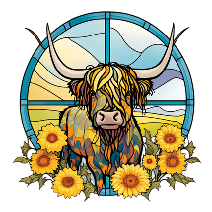 (s150-12-1C)  Stained Glass Highland Cow Sunflowers