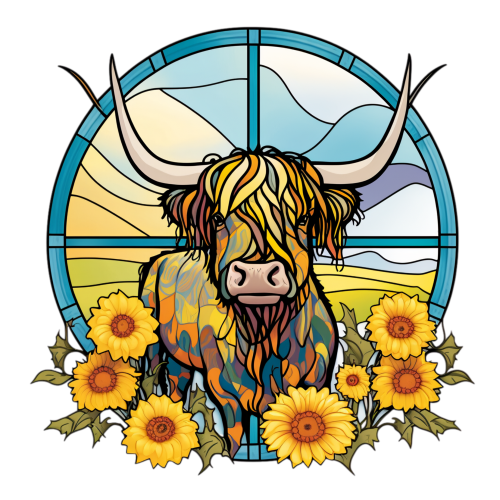 (s150-12-1C)  Stained Glass Highland Cow Sunflowers