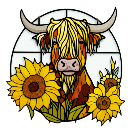 (s150-12-1D)  Stained Glass Highland Cow Sunflowers