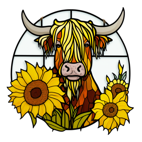 (s150-12-1D)  Stained Glass Highland Cow Sunflowers