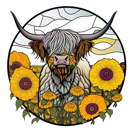 (s150-12-1E)  Stained Glass Highland Cow Sunflowers